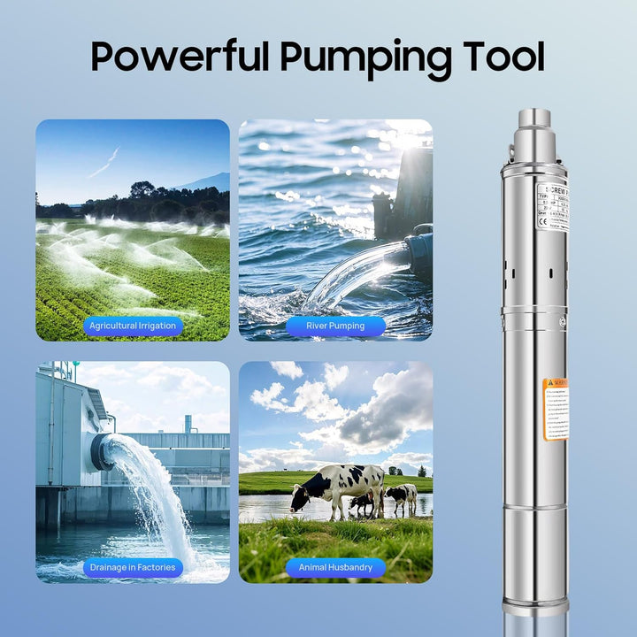 3 Zoll Tiefbrunnenpump Edelstahl Tiefbrunnenpumpe 1600 L/h, Förderhöhe max. 80 m, Brunnenpumpe Tauch