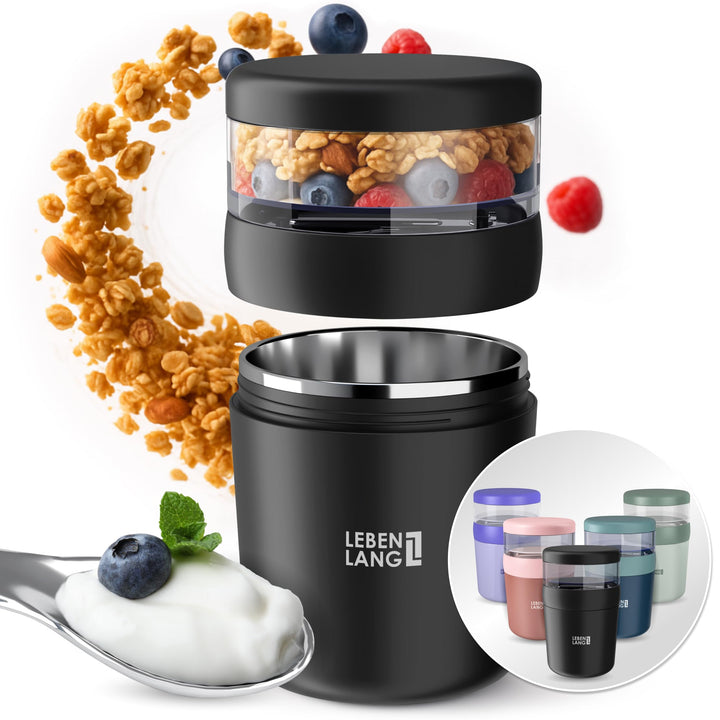 LEBENLANG 650ml Müslibecher To Go mit Löffel - Mit Isolierender Edelstahlinnenwand I Müslibox Joghur