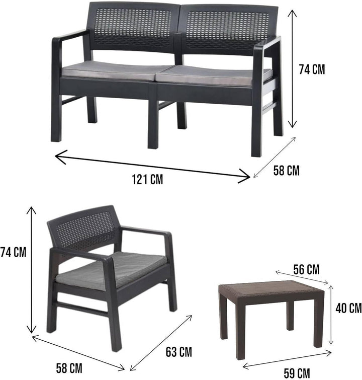 Dmora Innen- und Aussenlounge bestehend aus: 2 Sesseln, 1 Zweisitzer-Sofa und 1 Couchtisch, mit Kiss