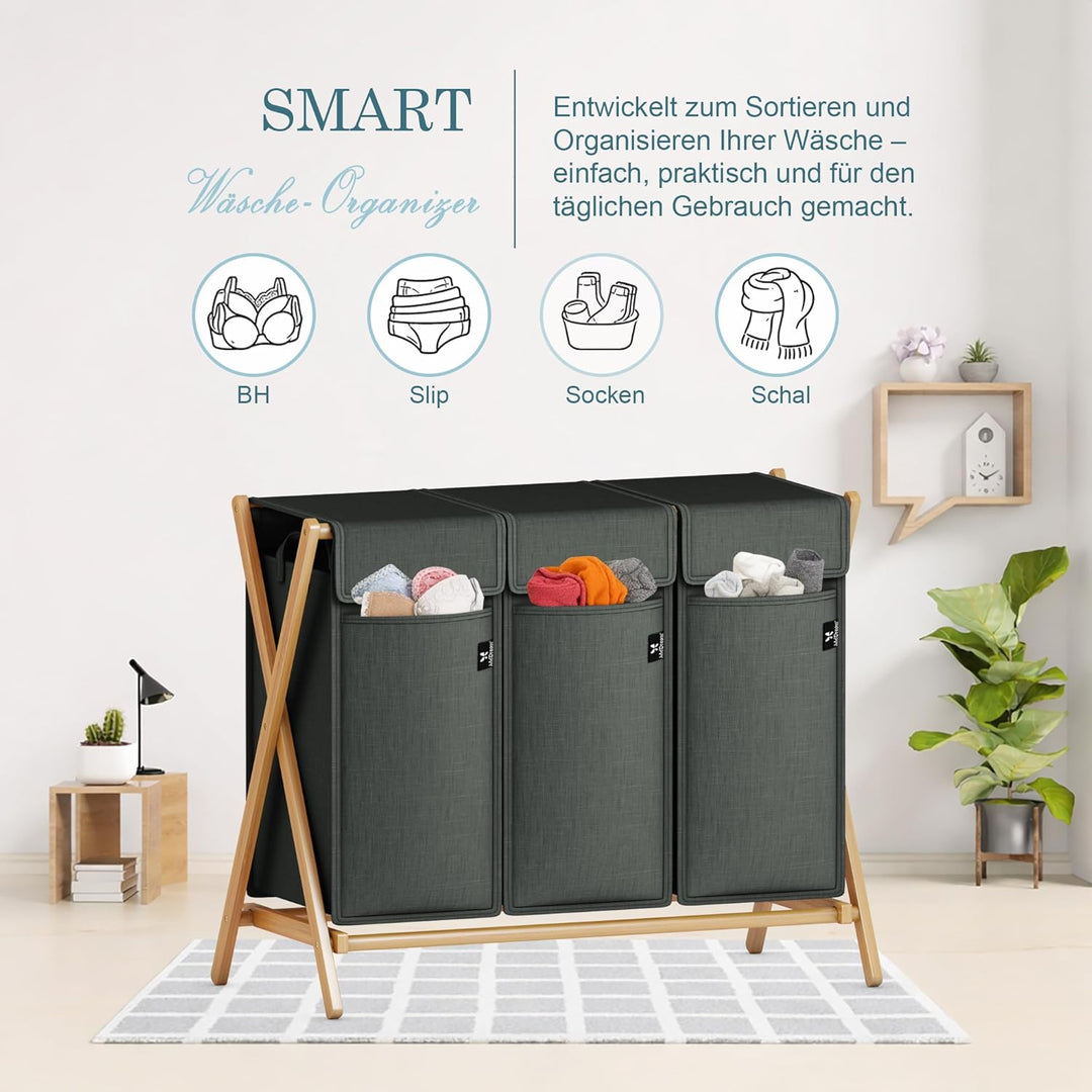 AdelDream Wäschekorb 3 Fächer 150L Bambus Wäschesammler Wäsche Sortiersystem X-förmige Wäschebox lau