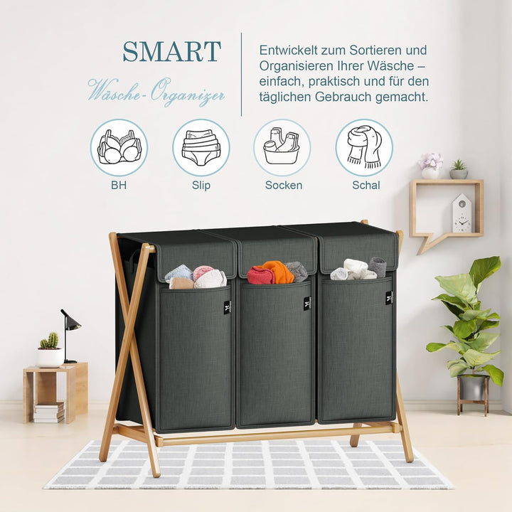 AdelDream Wäschekorb 3 Fächer 150L Bambus Wäschesammler Wäsche Sortiersystem X-förmige Wäschebox lau