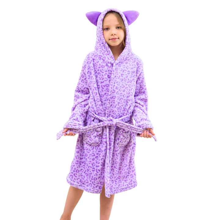 Katzen Bademantel für Mädchen Weiches Fleece Morgenmäntel mit Kapuze und Katzenohren Leopard Lila 4-