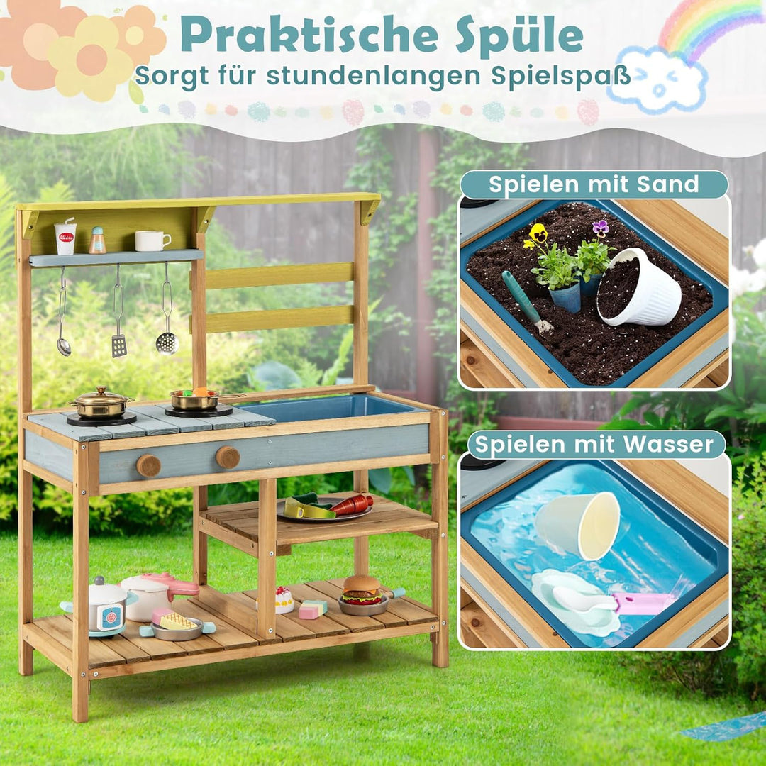 COSTWAY Matschküche Kinder Outdoor, Kinderküche Holz mit Spüle, Spielküche mit Haken & abnehmbarem R