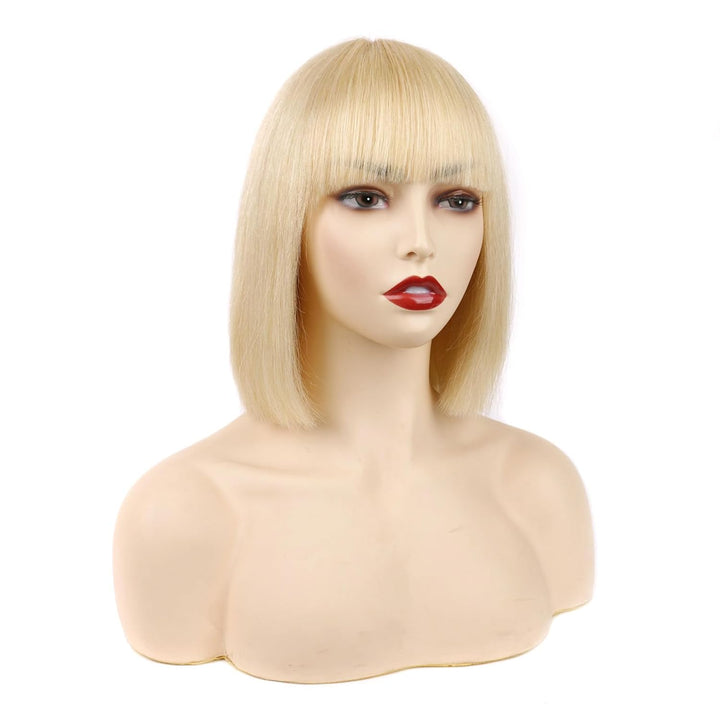 Huarisi 8 Inch Short Blonde Bob Wigs with Bangs Human Hair Straight 613 Color 8a None Lace Glueless