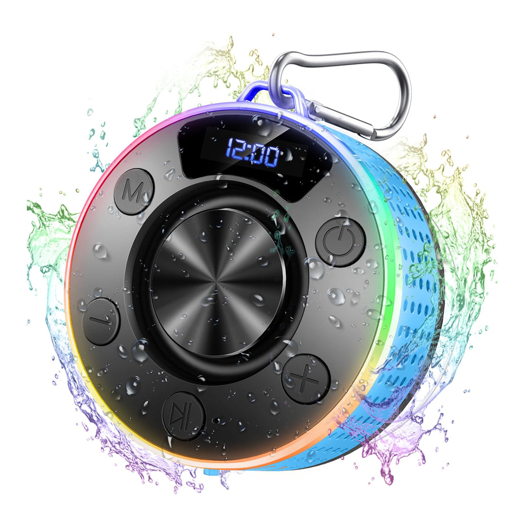 Bluetooth Lautsprecher mit LED Licht, Klein Duschlautsprecher Bluetooth 5.3 mit Saugnapf, IPX7 Wasse