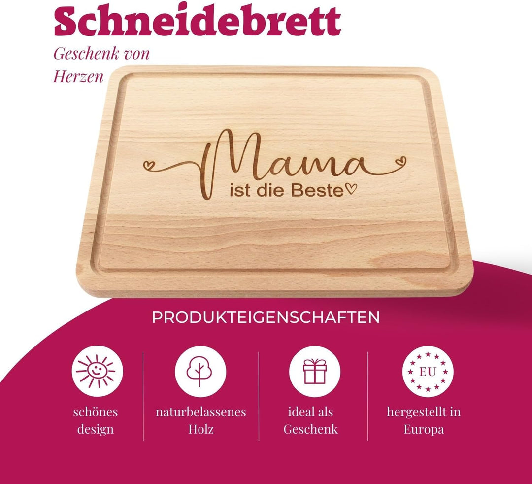 Mama ist die Beste Geschenk - Holz Schneidebrett mit Saftrille 30x22 cm gross, Brotzeitbrett als Ges
