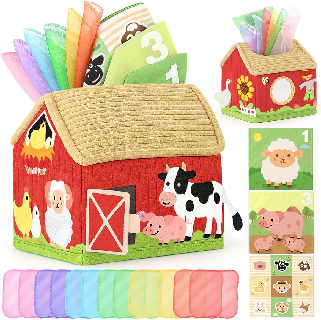 Vanplay Baby Spielzeug 6 Monate, Montessori Spielzeug Bauernhof-Thema Tissue Box Spielzeug mit Schal