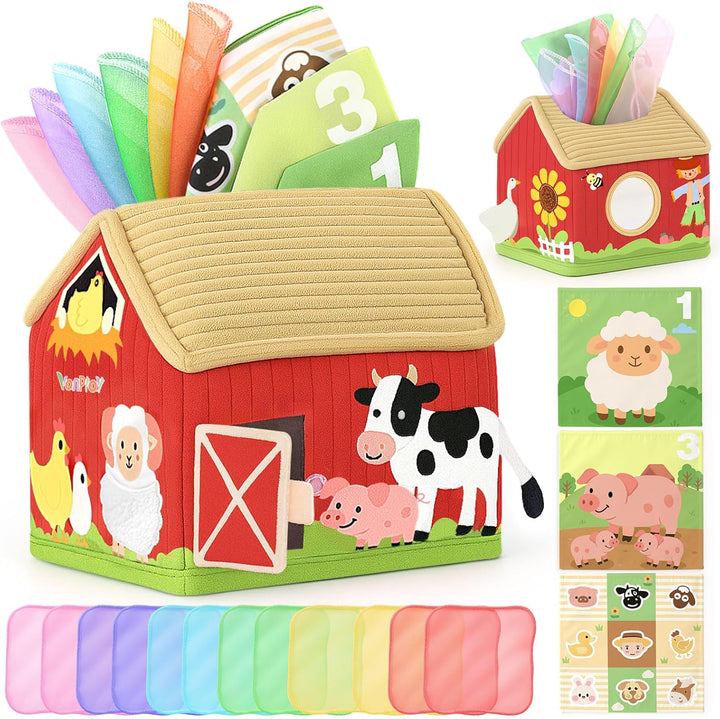 Vanplay Baby Spielzeug 6 Monate, Montessori Spielzeug Bauernhof-Thema Tissue Box Spielzeug mit Schal