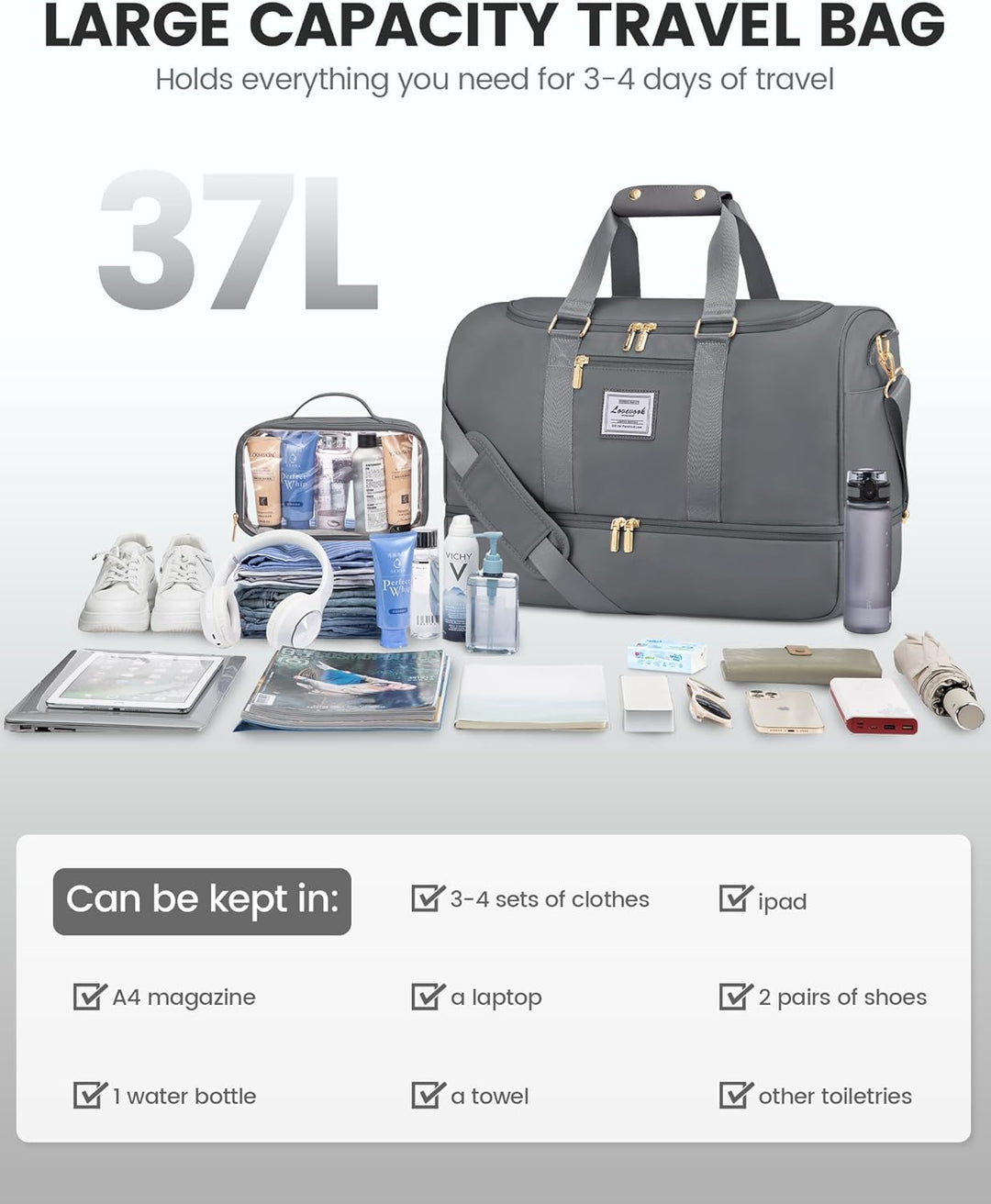 LOVEVOOK Sporttasche Reisetasche Damen, Weekender Travel Bag mit Kulturtasche, Schuhfach & Nassfach,