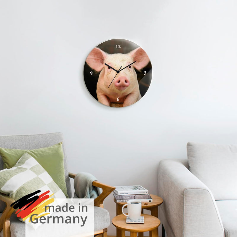 ARTLAND Wanduhr ohne Tickgeräusche Glas Quarzuhr Ø 30 cm Rund Lautlos Tiere Schwein Lustig Hipster A