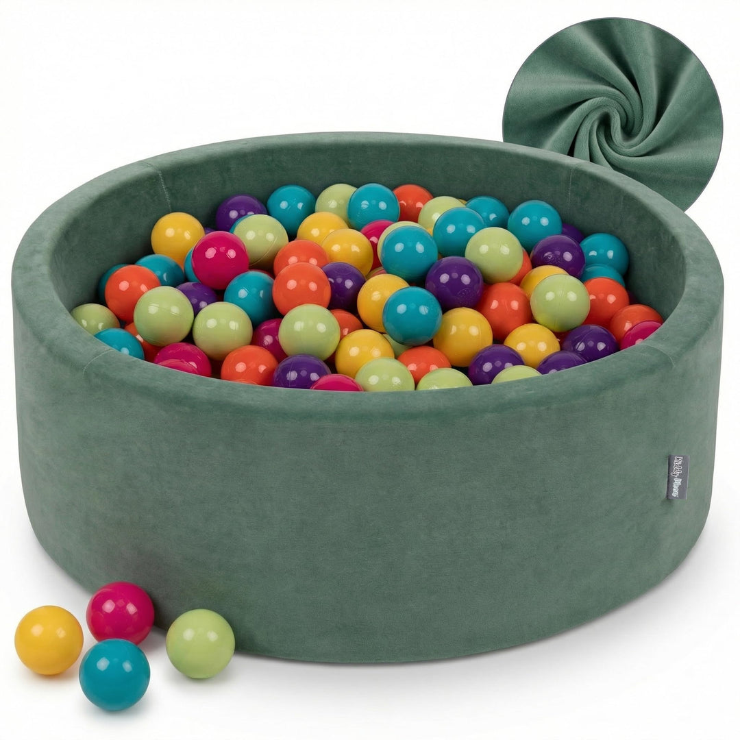 KiddyMoon Velours Bällebad Rund für Babys 90x30 mit 200 Bälle 7cm Ballgruben Sensorik Spielzeug Wald