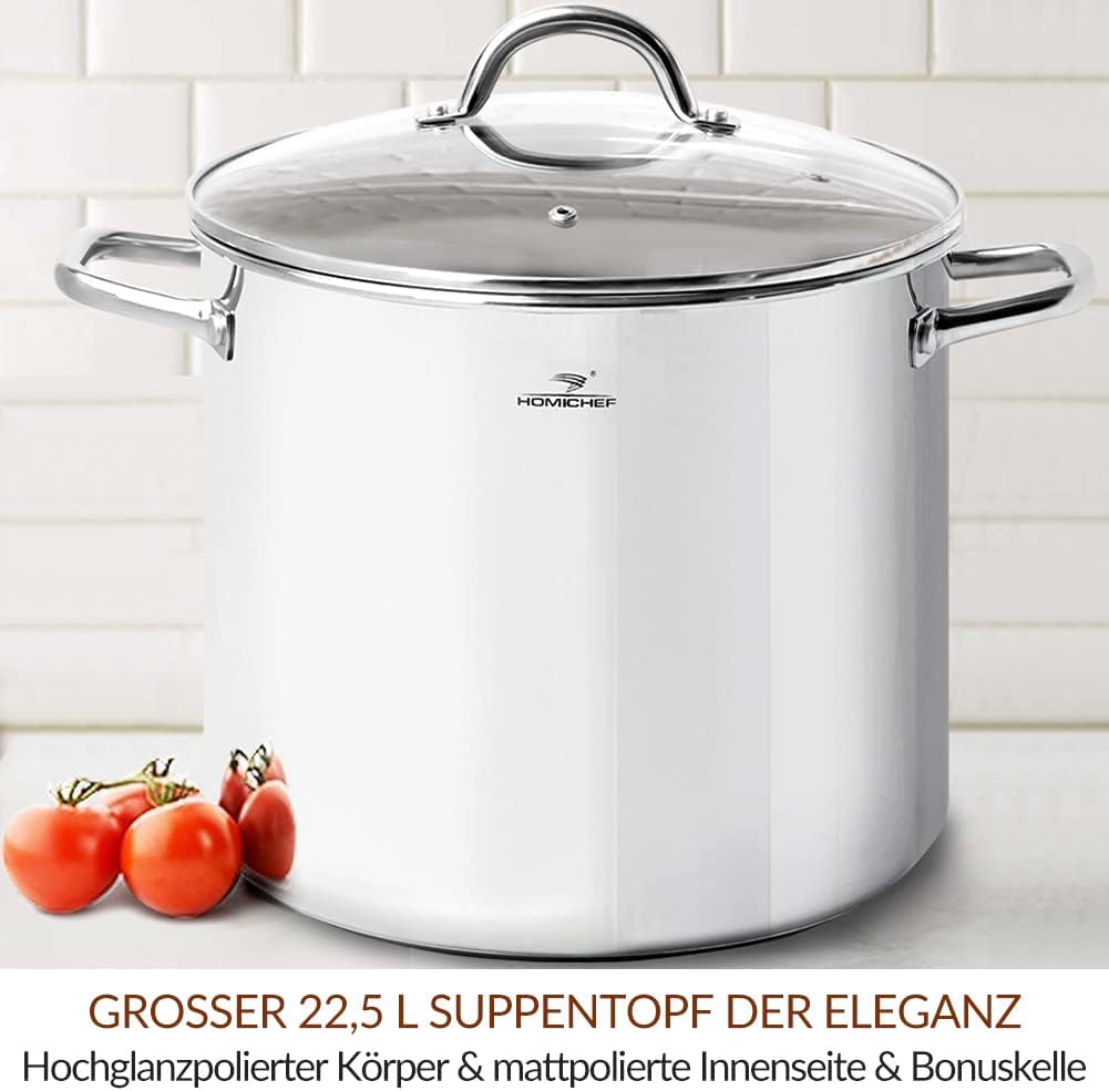 HOMICHEF Grosser Suppentopf aus nickelfreiem Edelstahl (31 cm, 22,5 Liter) – Hochglanzpolierter Supp