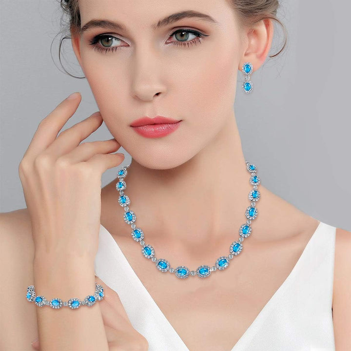 EVER FAITH Damen CZ Hochzeit Braut Oval Teardrop Halskette Ohrringe Armband Set Silber-Ton Hell Blau