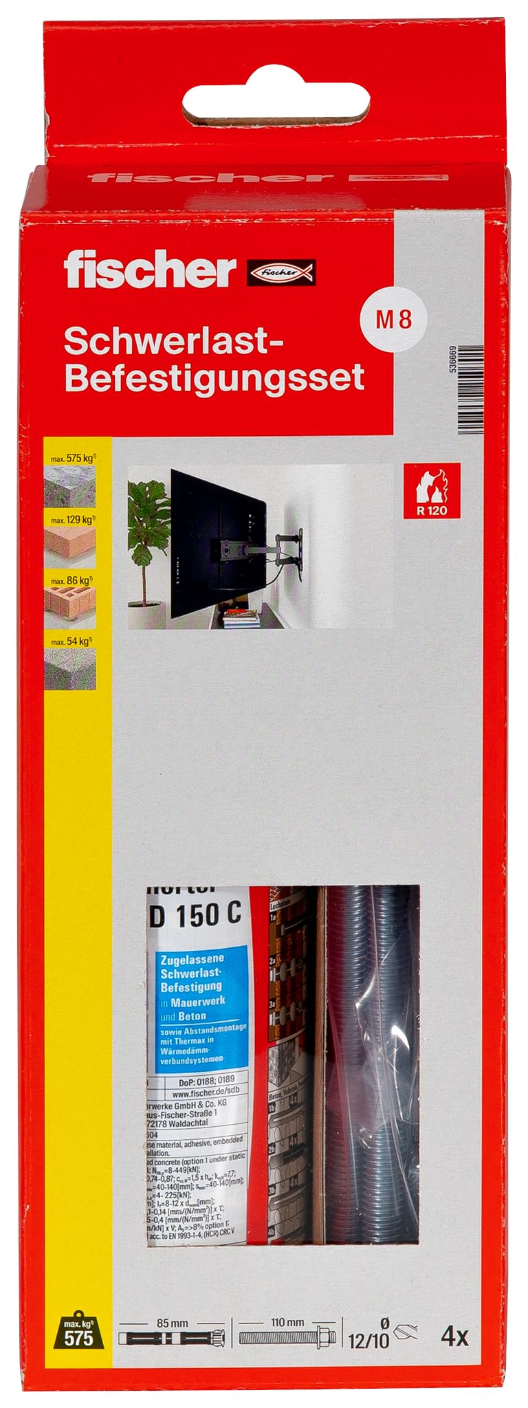 fischer Schwerlast-Befestigungsset 150 C mit Ankerstange M 8, Befestigungssystem für den Innenbereic