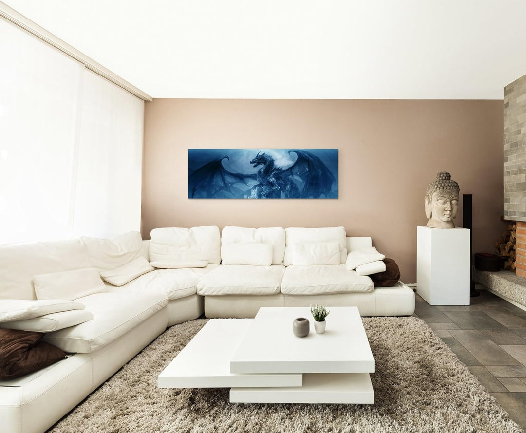 Sinus Art 150x50cm Wandbild – Farbe Blau Petrol Panoramabild Wandbild auf echter Leinwand in sehr ho