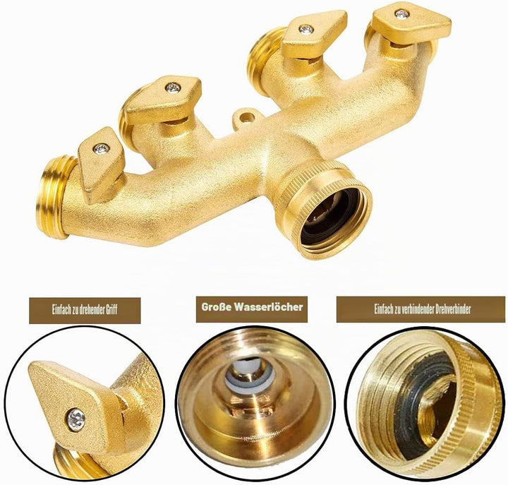 RoseFlower 4 Wege-Ventil Wasserverteiler aus Messing, Garten Schlauch Rohr Splitter Wasserhahn Verte