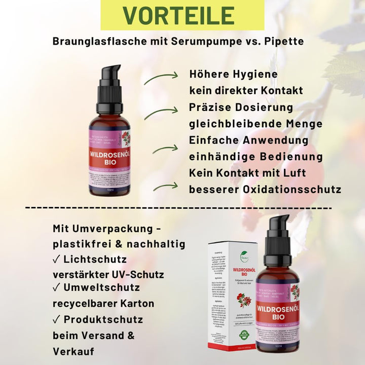 Wildrosenöl Bio 100ml – Kaltgepresst &amp; 100% naturrein – Rosa Canina – Pflegeöl in lichtgeschützter B