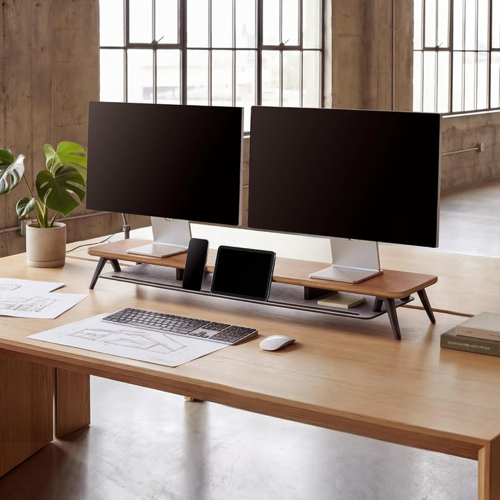 Fenge Monitorständer 108 cm, Massivholz, Doppel-Monitorerhöhung, mit Tablet/Handy/Stifthalter und Or