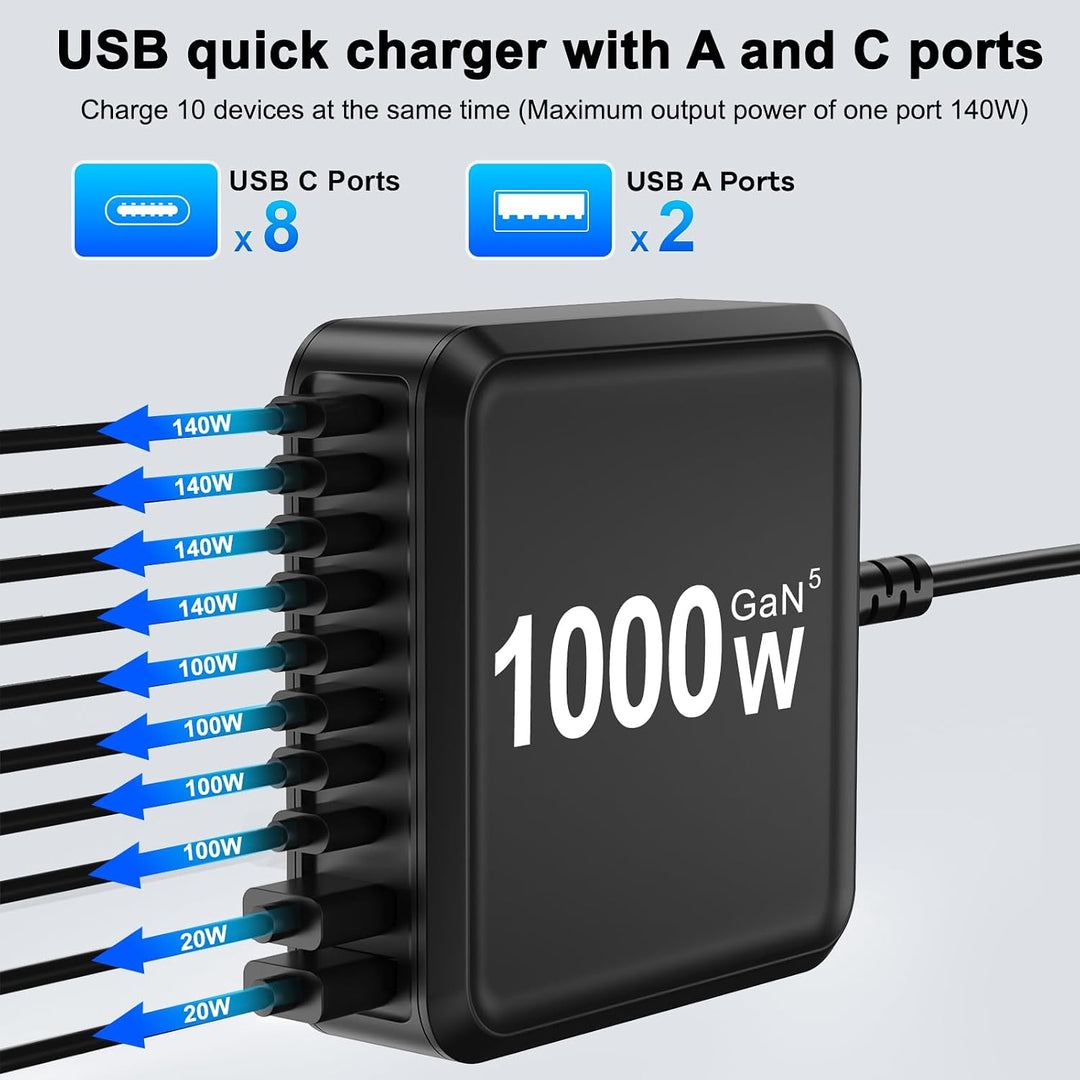 1000W USB C Ladegerät Mehrfach, GaN V 10 Ports USB Ladegerät Mehrfach, 1000W 10-Port Schnellladegerä