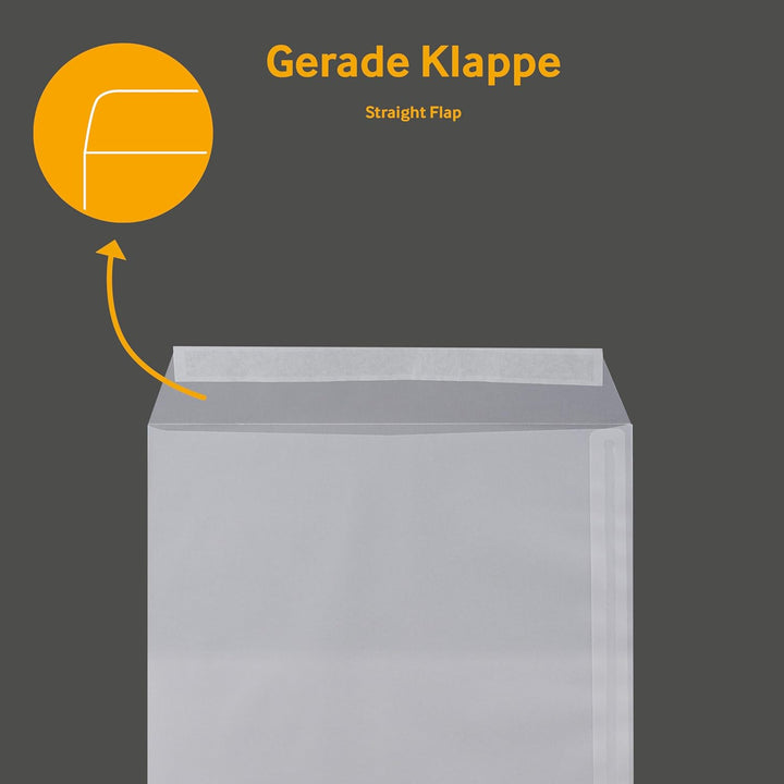 100 Stück, Transparent-Versandtaschen, DIN B5, Haftklebung mit Abziehstreifen, Gerade Klappe, 90 g/q