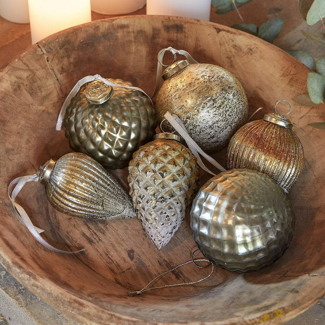 LOBERON® Weihnachtsschmuck 6er Set Layounne, Weihnachtsdeko, Glas, H/Ø ca. 10/10 cm, antiksilber/gra