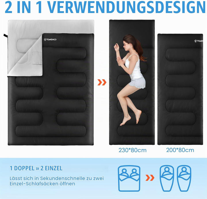 TOMSHOO Doppelschlafsack, Wasserdicht und Tragbarer Schlafsack 2 Personen mit 2 Kissen und 1 Trageta