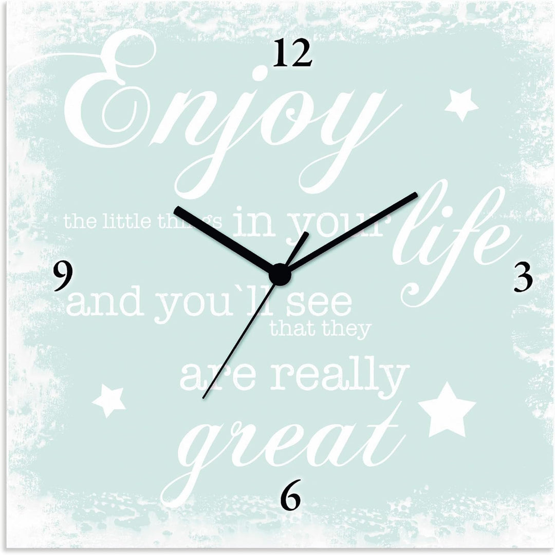 ARTLAND Wanduhr ohne Tickgeräusche Leinwanduhr Funkuhr lautlos Quadratisch 30x30 cm Design Spruch Bi