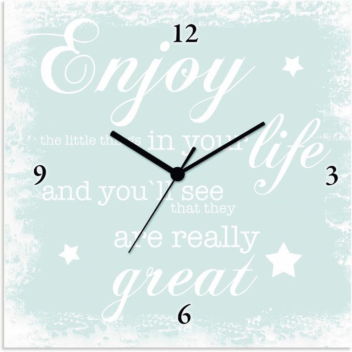 ARTLAND Wanduhr ohne Tickgeräusche Leinwanduhr Funkuhr lautlos Quadratisch 30x30 cm Design Spruch Bi