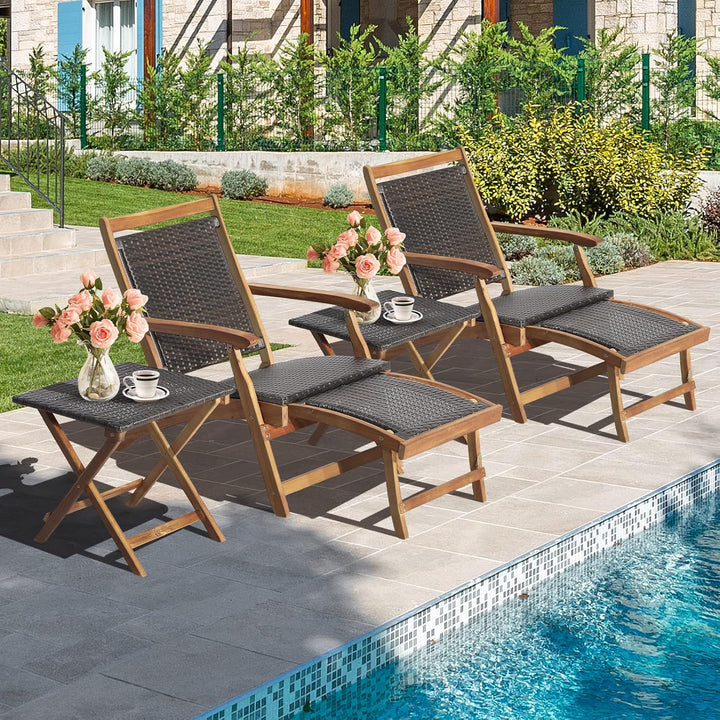 GIANTEX 2 in 1 Sonnenliege Rattan, Holz Liegestuhl Klappbar, Holzliegen Outdoor mit Beistelltisch, A