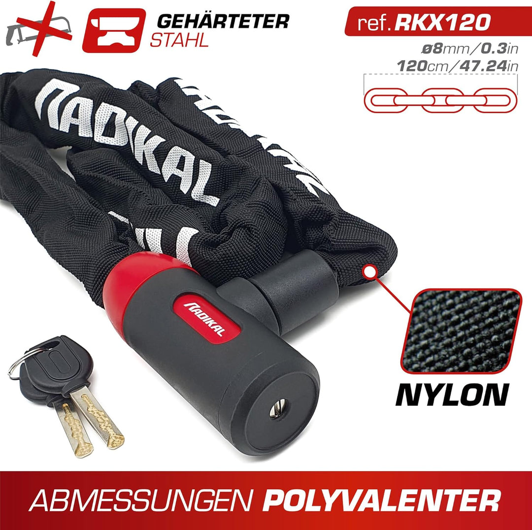 RADIKAL RKX120 Diebstahlsicheres Kettenschloss Motorrad, Roller, Fahrrad, Sicherheit 8mm verstärkter