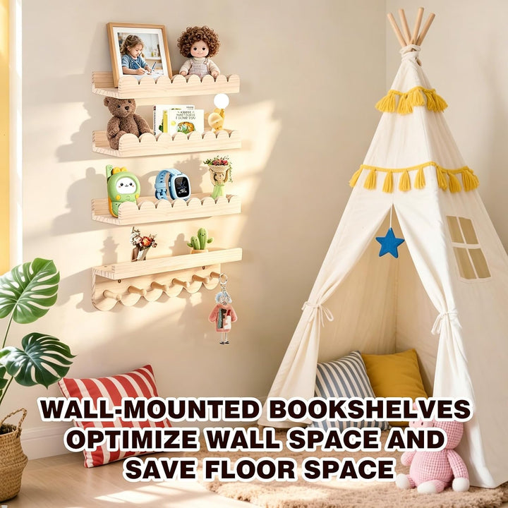 Wandregal Kinderzimmer 4er-Set aus Massivholz - Bücherregal mit 6 Haken für Bücher &amp; Spielzeug - Mon