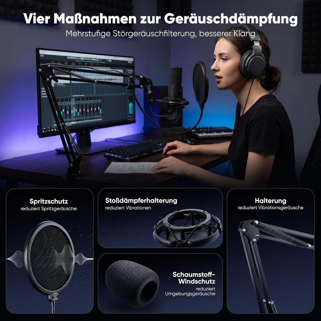FIFINE Streaming Mikrofon PC mit Arm, USB Mikrofon PS4 PS5, Microphone für Gaming Podcast Studio, Po