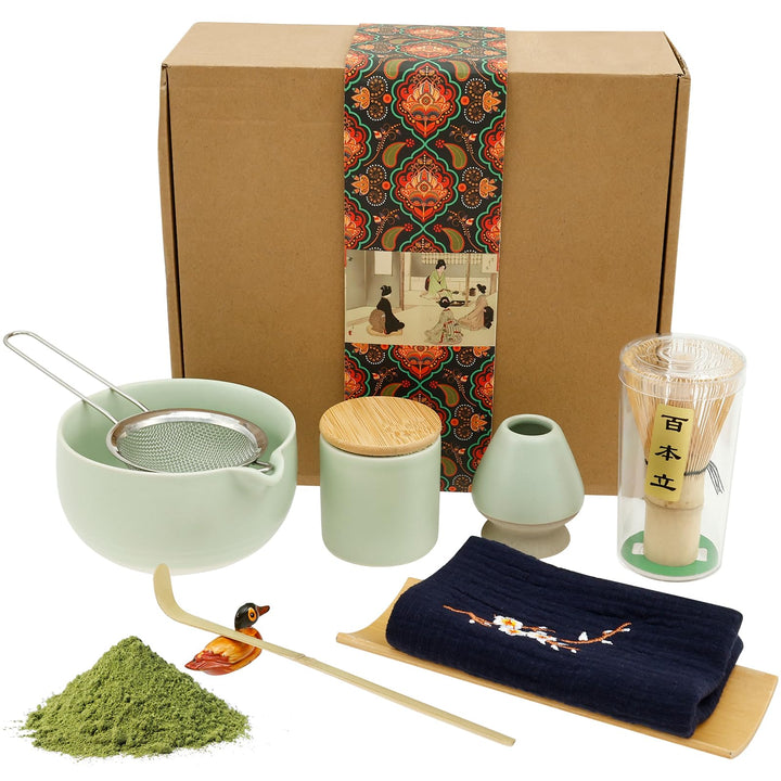Matcha Set,9 Stück Matcha Schneebesen Set,Matcha Tee set mit Teelöffel,Besenhalter,Löffelhalter,Matc