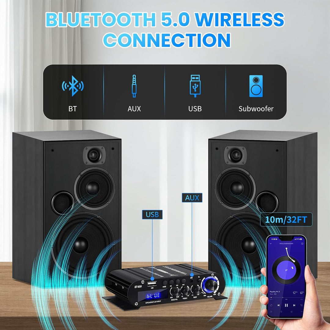 HiFi-Verstärker ST-839 Bluetooth5.0 Stereo-Audioverstärker Receivers 2.1 Kanäle 25WX2+40W Max. 100W