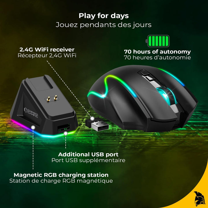 EMPIRE GAMING RF908 – kabellose Maus, wiederaufladbar, magnetische Ladestation, RGB – 10.000 dpi, 8