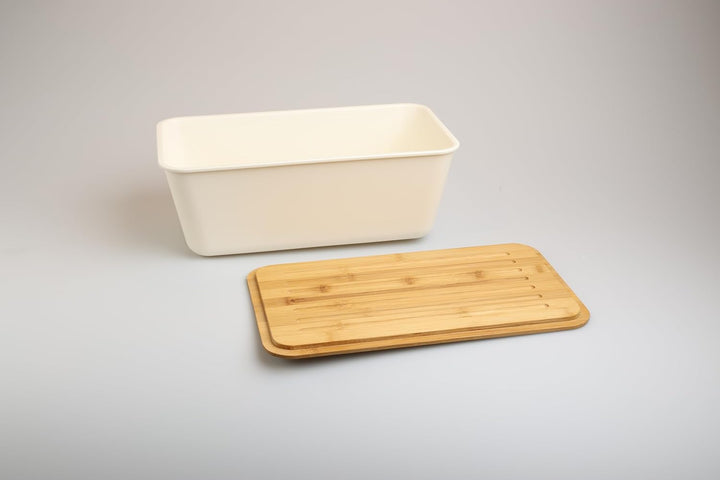 MOON HOME Brotkasten - Airlock White, mit vielseitigem Deckel aus Bambus/Holz als Brotschneidebrett,