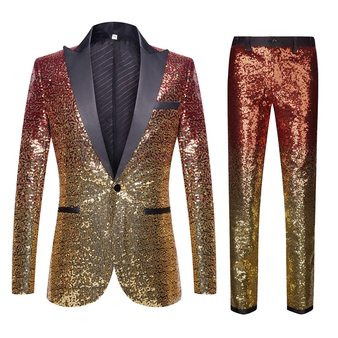 Herren Modische Blumenmuster Pailletten Zweiteiler Set Anzüge XS Red Gold, XS Red Gold