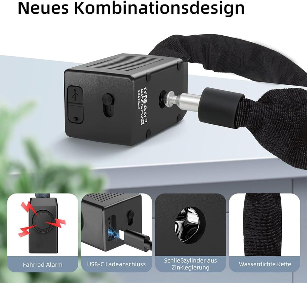 E Scooter Schloss, Fahrradschloss mit Alarm 110dB, Anti-Diebstahl E-bike Kettenschloss, USB-C auflad