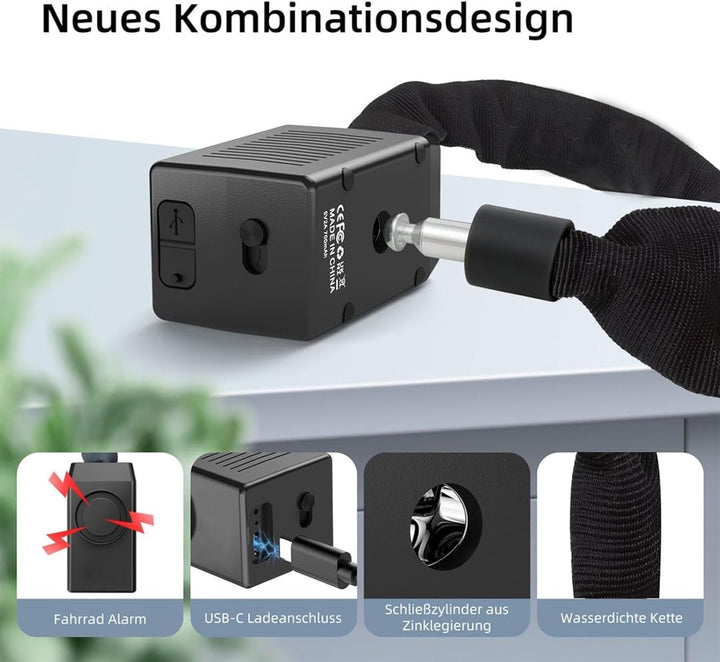 E Scooter Schloss, Fahrradschloss mit Alarm 110dB, Anti-Diebstahl E-bike Kettenschloss, USB-C auflad