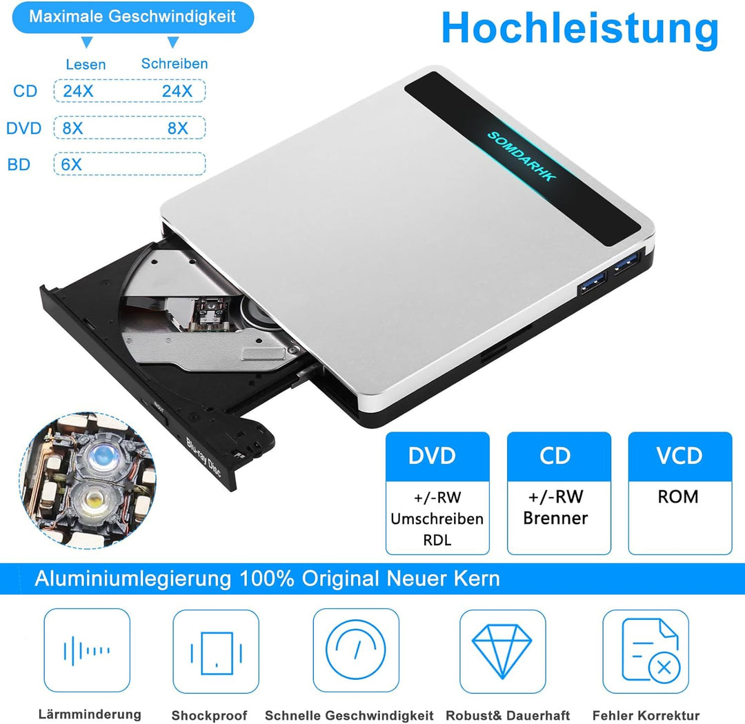 SOMDARHK Externes Blu Ray Laufwerk, USB 3.0 Type C Externer CD DVD Brenner mit SD/TF Slot & 2 USB, T