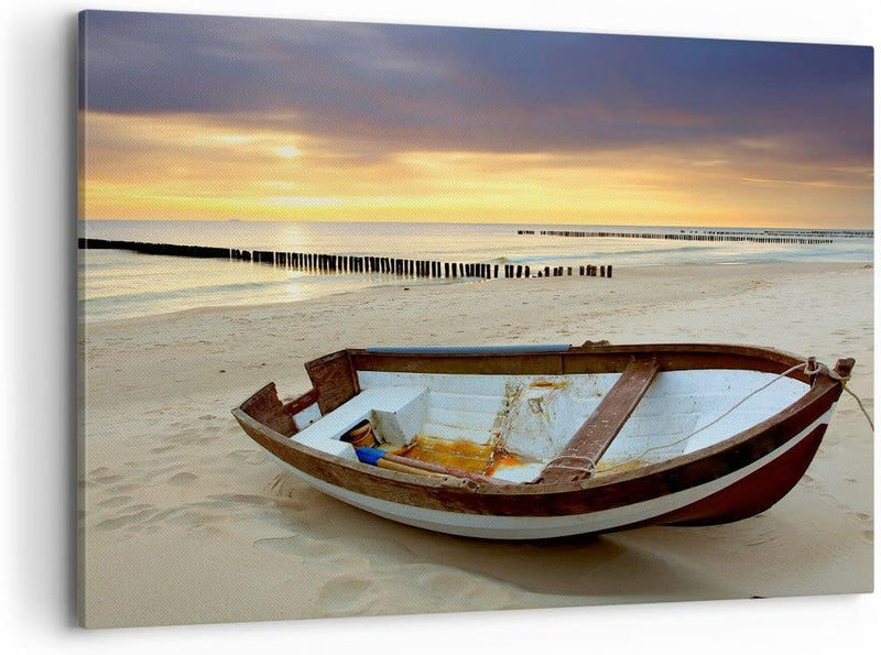 Bilder auf Leinwand 100x70cm Leinwandbild Strand Boot Ostsee Sommer Gross Wanddeko Bild Schlafzimmer