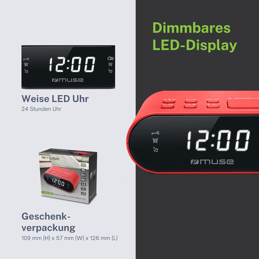 MUSE M-10 RD Radiowecker mit LED-Display, Zwei Weckzeiten, dimmbar, digitaler UKW-Tuner, 20 Sendersp