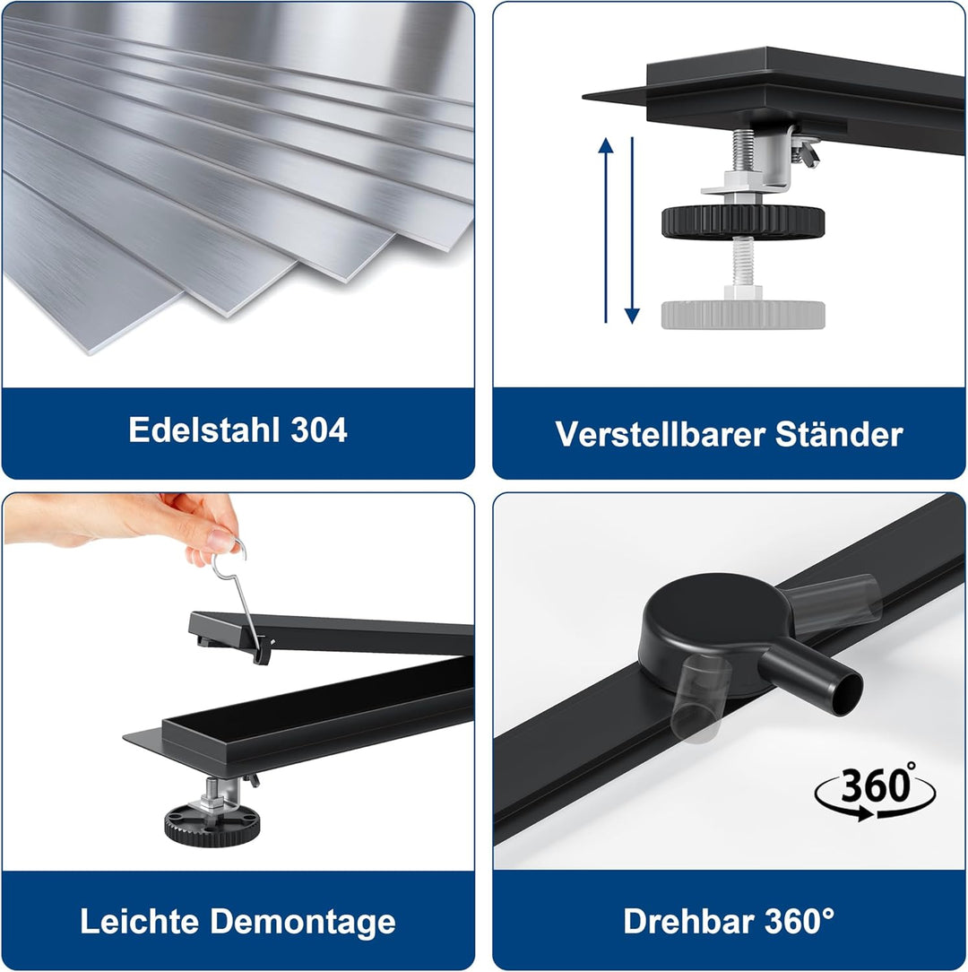 Neodrain Duschrinne 80cm Edelstahl Bodenablauf - 2 in 1 Duschablauf Flach Schwarz mit 360° Siphon, G
