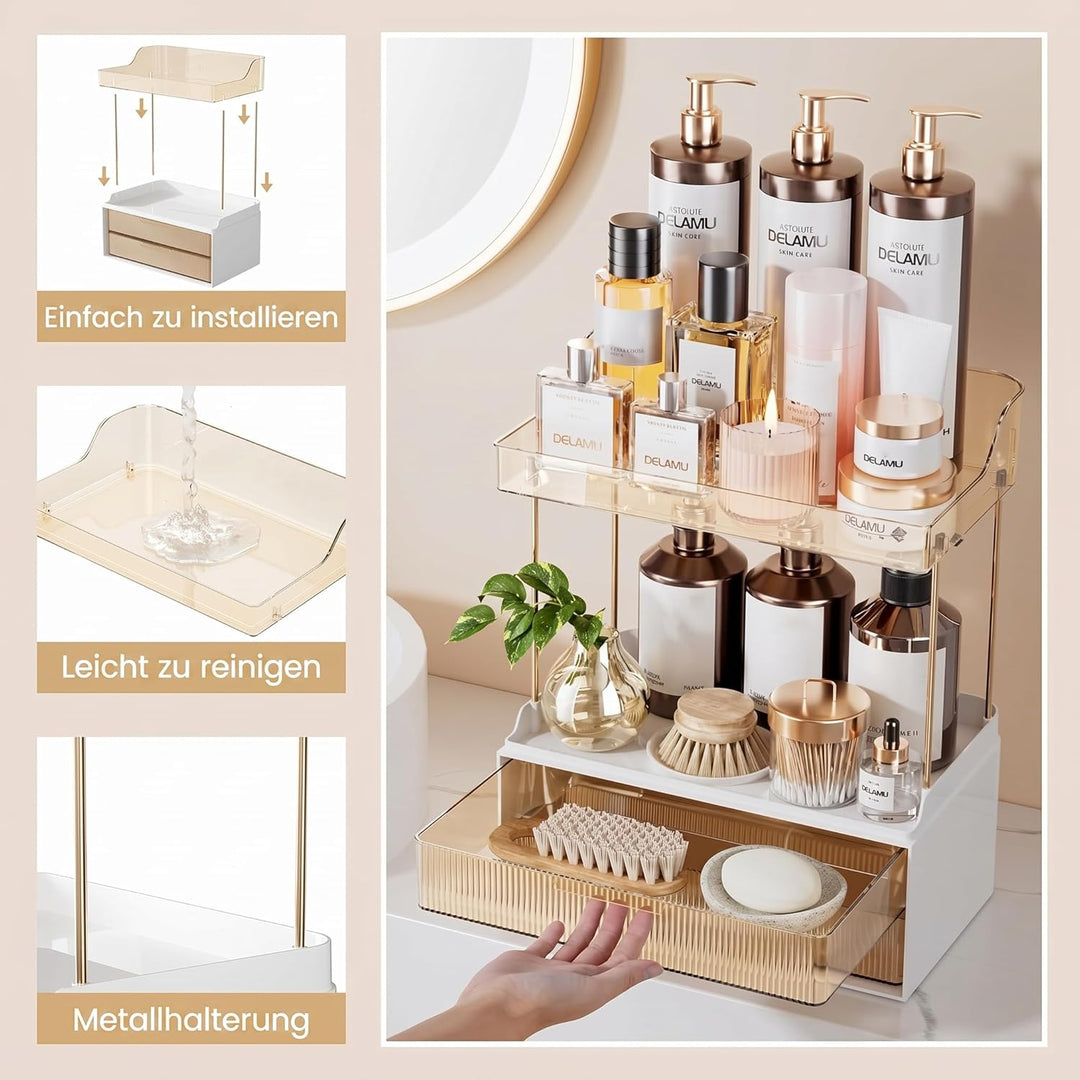 Delamu Make Up Organizer mit 2 Schubladen, 2 Etagen Kosmetik Organizer, Multifunktions Grösser Kosme