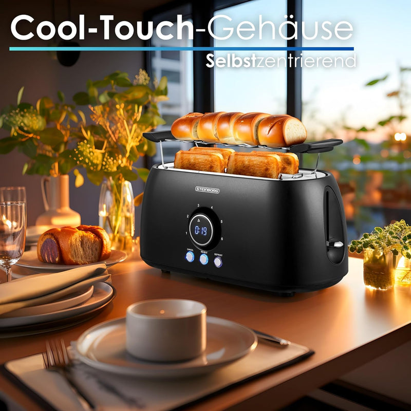 XXL Toaster 4 Scheiben mit Brötchenaufsatz | Toaster Schwarz | Digitales Display | Toastautomat | Au