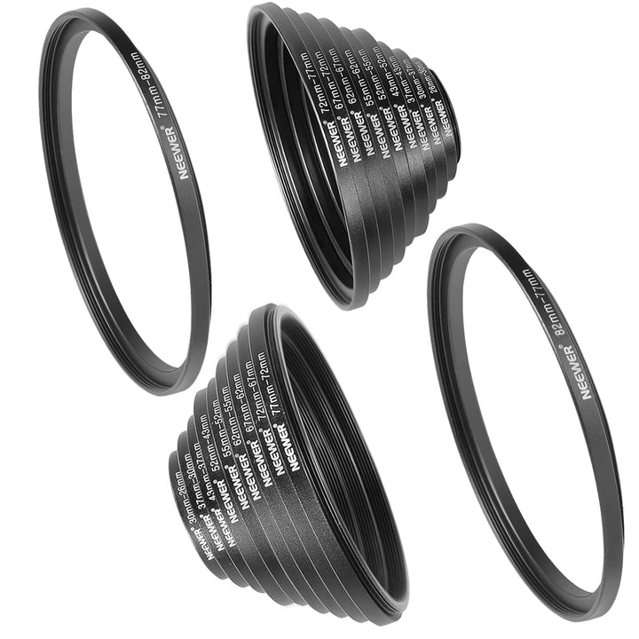 NEEWER 20 Stück Schwarz eloxiertes Metallobjektiv Filter Adapter Ring Kit einschliesslich 10 Stück S