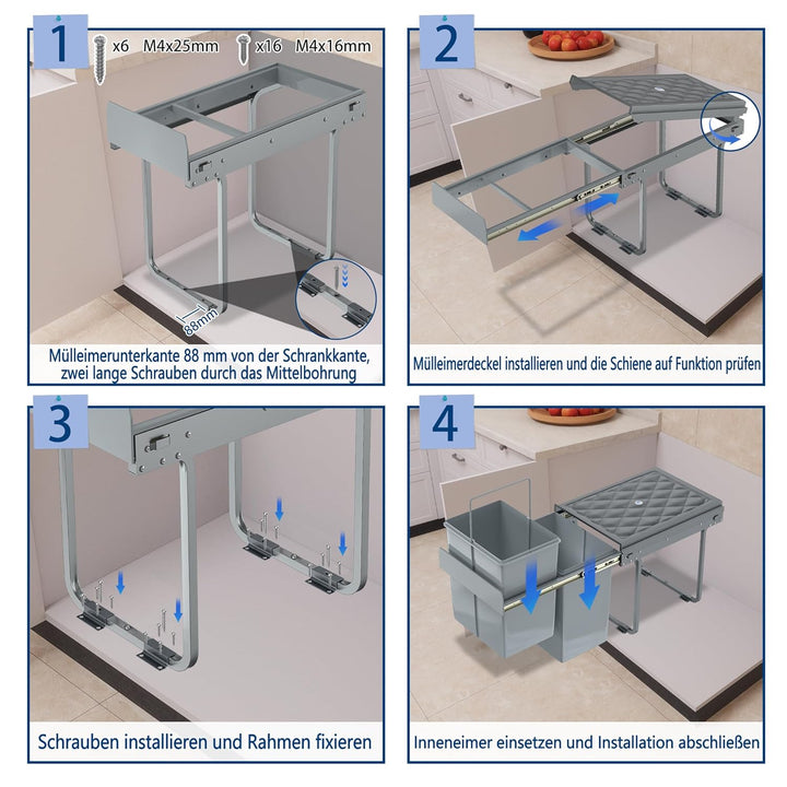 Grau 2 x 20L Einbaumülleimer Mülltrennsystem Ausziehbar Mehrfachbehälter Abfallsammler Schrankmüllei