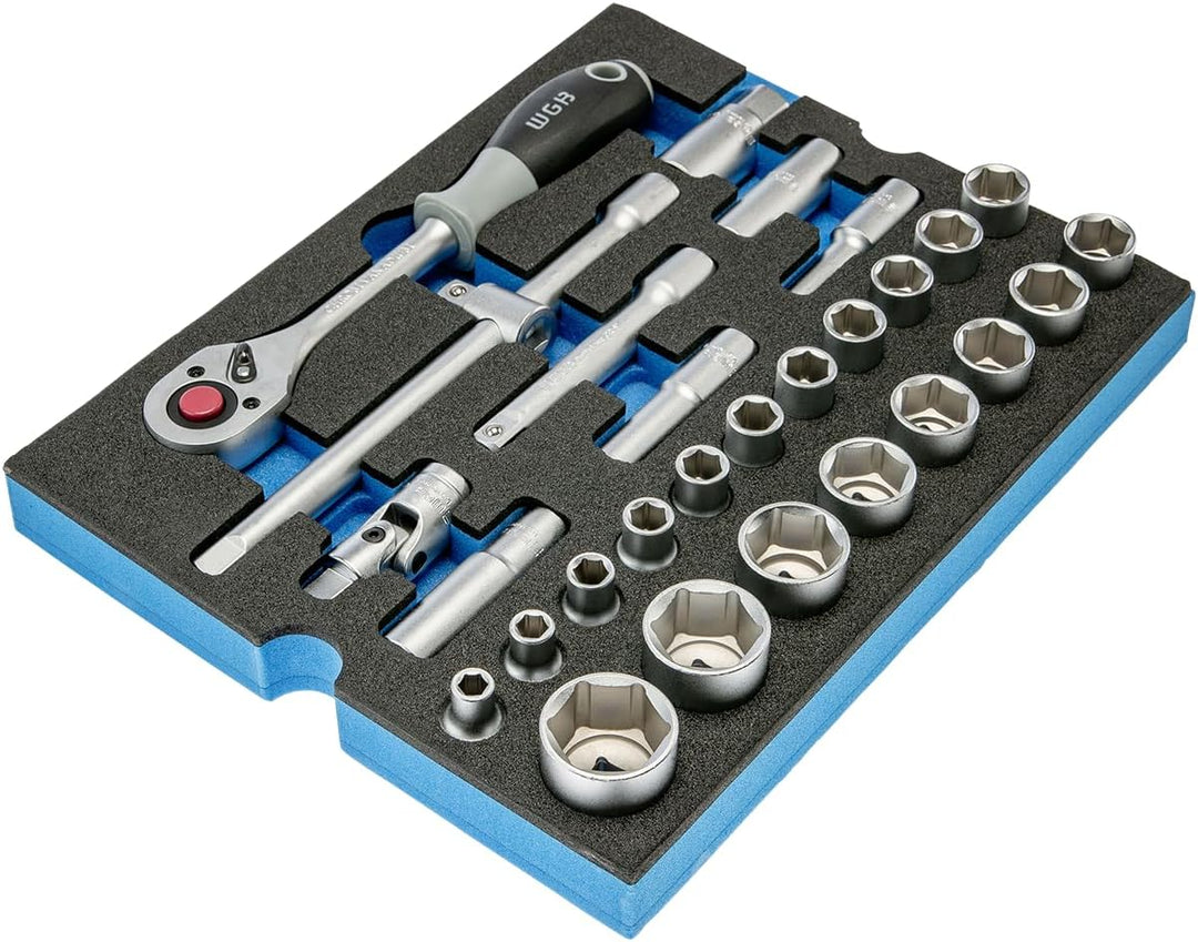 1/2" Steckschlüssel Set mit Ratsche und Sechskant Nuss Set 29 teilig | WGB Schaumstoffeinlage Werkze