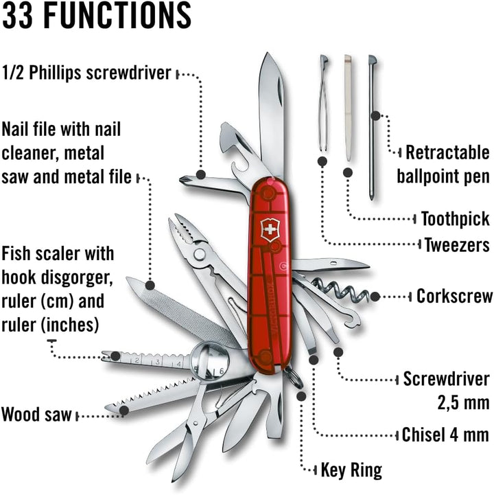 Victorinox Taschenmesser Swiss Champ (33 Funktionen: Metallfeile, Mini-Schraubendreher) rot Rot Tran