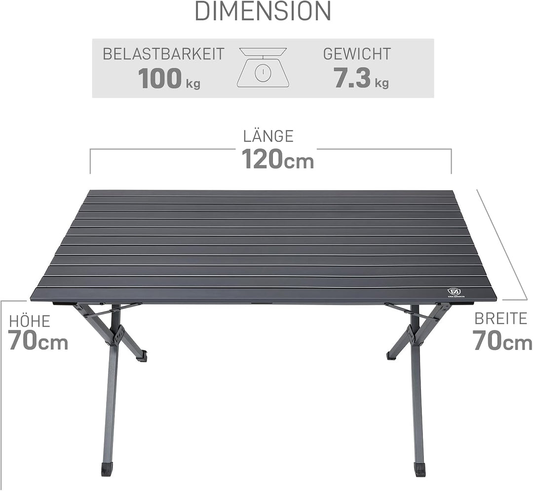 EVER ADVANCED Campingtisch Klappbar Aluminium 120X70CM Klapptisch 80KG Belastbar Aufrollbarer Tischp